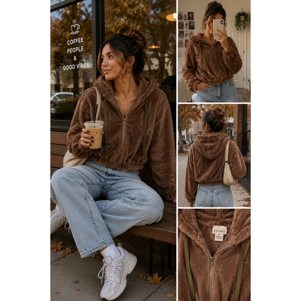 Women's Teddy Fleece Zip Up Hoodie Faux Fur Plush Cropped Jacket Brown Medium